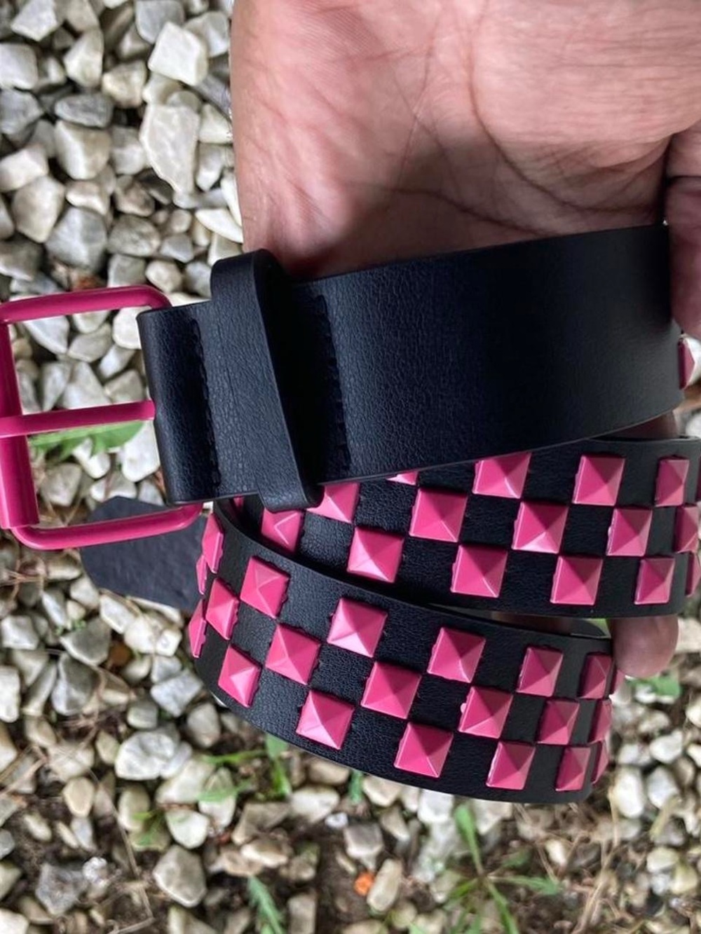 Punk gothic Pink black Studded faux leather belt , Gothic Four Square Pyramid